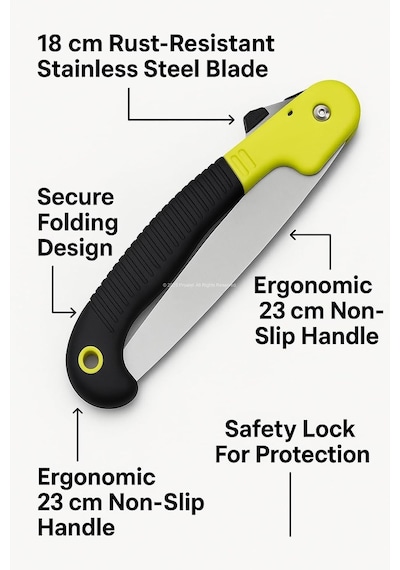 Busstier Katlanır Budama Testeresi, 18 Cm Paslanmaz Çelik Bıçak, 23 Cm Kaymaz Ergonomik Sap, Gü
