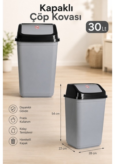 Sallanır Kapaklı Çöp Kovası Gri Mutfak Banyo Ofis Çöp Kutusu 5l - 10l - 20l - 30l Gri - 914200115 Gri