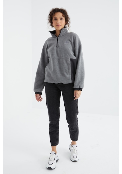 Tommy Life Gri Melanj Yarım Fermuar Etek Ucu Büzgülü Dik Yaka Oversize Kadın Polar Sweatshirt - 97236 Gri Melanj