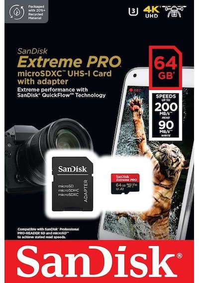 Sandisk Extreme Pro SDSQXCU-064G-GN6MA 64 GB microSDXC UHS-I A2 V30 Adaptörlü Hafıza Kartı