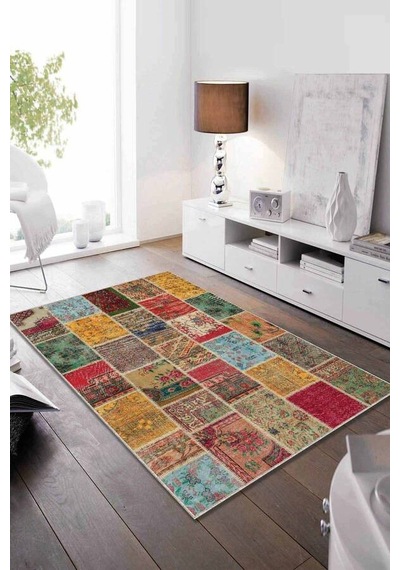 Çok Renkli Patchwork Kaymaz Tabanlı Dekoratif Halı Ar129n11
