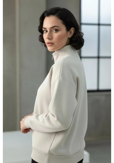 Rovebella Torre Fermuar Detaylı Dik Yaka Sweatshirt Bej