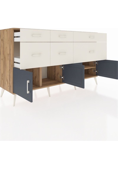 Kronos Konsol Tek Raflı 6 Çekmeceli 4 Kapaklı 176x59x99 Çam-antra Çam-antrasit/aytaşı