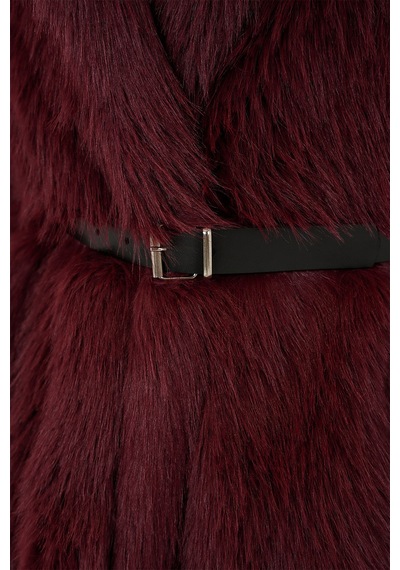 Bigdart Kadın Kemerli Oversize Kürklü Kaban 9156 - Bordo