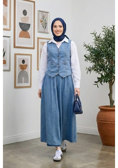 Hb Harma Time Butik Kadın Düğmeli Ve Cepli Kot Mavi Tunik Etek İkili Takım