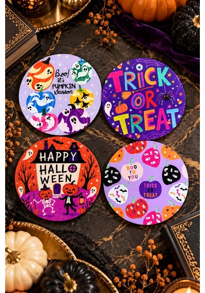 Trick Or Treat Renkli Halloween Temalı 4 Lü Bardak Altlığı Set 9 Cm, 3 Mm Ahşap Mdf, Dijital Baskı - 933735897 Diğer