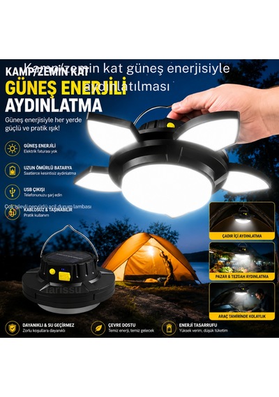 Güneş Enerjili Katlanabilir Led Kamp Lambası- 4000 Mah Powerbank Özellikli Siyah