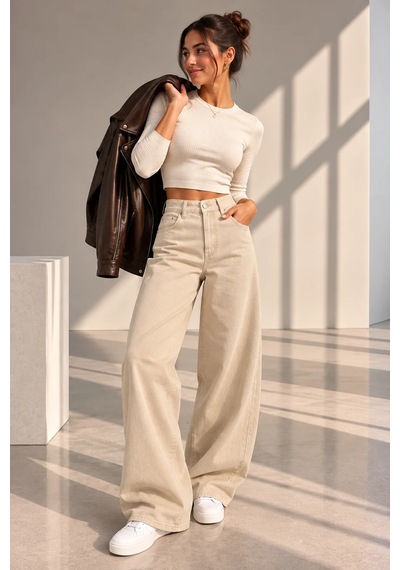 Bb Butik Basic Yüksek Bel Baggy Palazzo Pantolon Dm3535 Bej