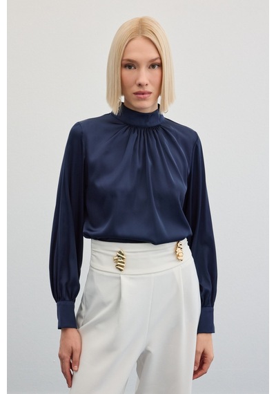 Sateen Yaka Detaylı Saten Bluz - Lacivert-136018 Lacivert Sateen Yaka Detaylı Saten Bluz - Lacivert-136018 Lacivert