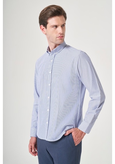 İmza Düğmeli Yaka Uzun Kol Cepsiz Slim Fit Pamuklu Gömlek 1004260205 Beyaz - K.mavi