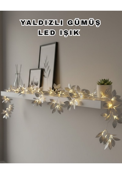 Yaldızlı - 937 - Gümüş Yaprak Led Işık Pilli Dekoratif Ortam Ve - Spt-gld - Yılb Aydınlatması Yılbaşı