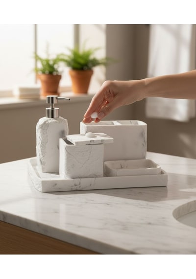 5 Parça Lüx Laduree Stonea Beyaz Silver Tepsili Banyo Seti-5651