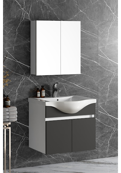 Yıldız 55 Cm Beyaz-antrasit Gri Mdf Asma Banyo Dolabı Takımı Beyaz - Antrasit