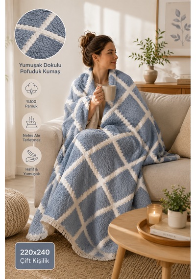 Premium Geometrik Kare Desenli %100 Pamuk Müslin Çift Taraflı Yatak Örtüsü Pike 220x240 Çift Kişilik İndigo