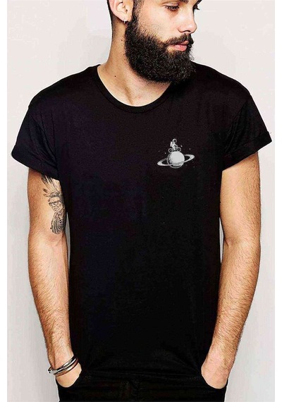 Astronot Jüpiter Bisiklet Baskılı Siyah Erkek Tshirt (530968900)