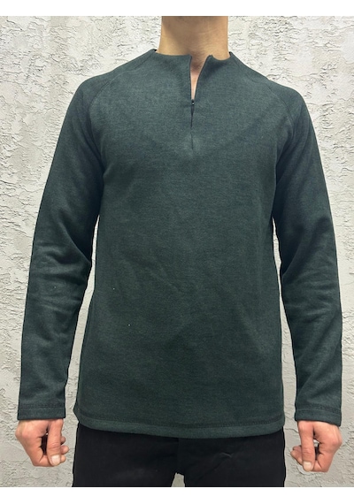 Selanik Örgü Gizli Pat Fermuarlı Sweatshırt Nefti Yeşil