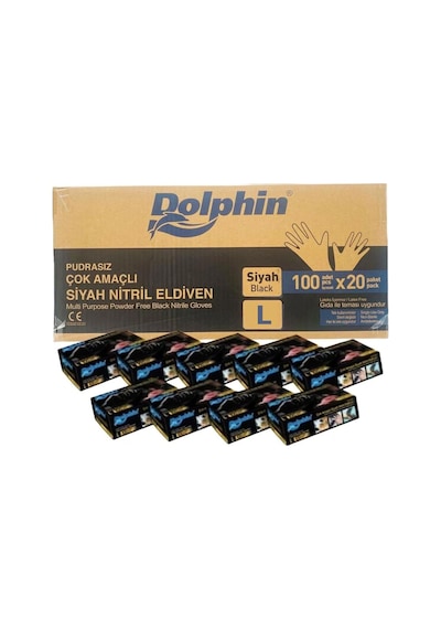 Dolphin Tek Kullanımlık Lateks Siyah Pudrasız Nitril Muayne Eldiveni Large - 100'lü 20 Paket