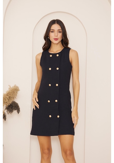 Darlin Moda Lacivert Kolsuz Önü Düğmeli Tweed Elbise Dm1010