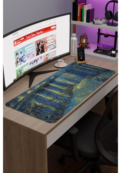 Van Gogh Ren Nehrinde Yıldızlı Gece V5 90x40 Xxl Gaming Kauçuk Kaymaz Taban Mouse Pad Fare Altlığı