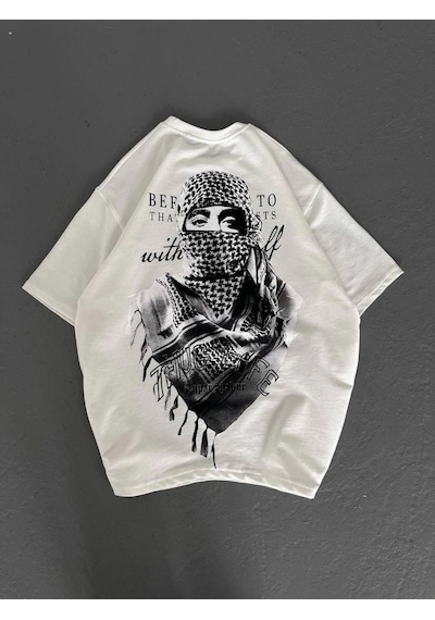 Kadın Kısa Kol Tişört Bisiklet Yaka Filistin Poşülü Baskılı T-shirt - Beyaz