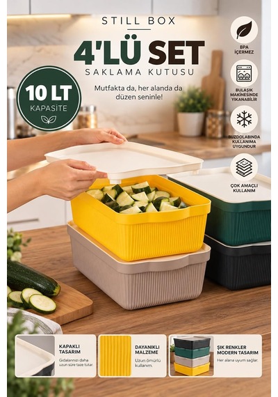 Tr 4516 Mix Still Box 4'lü Kapaklı Çok Amaçlı Saklama Kutusu Seti 10 Lt Mutfak & Buzdolabı Düzenleyici Kutu Genel