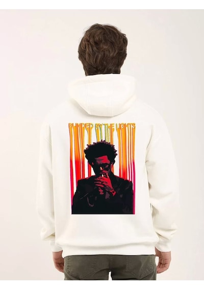 Unisex Baskılı Oversize Üç İplik Kapüşonlu Sweatshirt - Beyaz