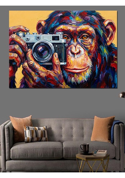 Ahşap Tablo Fotoğraf Çeken Karizmatik Şempanze Portresi