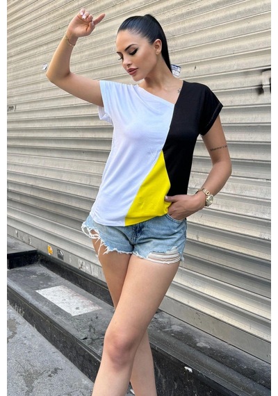 Kadın Sarı & Beyaz Kısa Kol, Color Block Tasarım, Salaş Bluz, Tshirt Sari