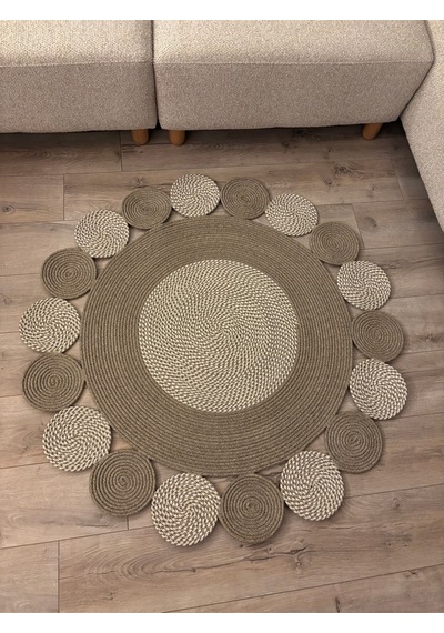 Mavaux Taş Kırçıllı Jüt Hasırlı Kırçıllı El Örgüsü Kilim Halı Hasır Yuvarlak Taş
