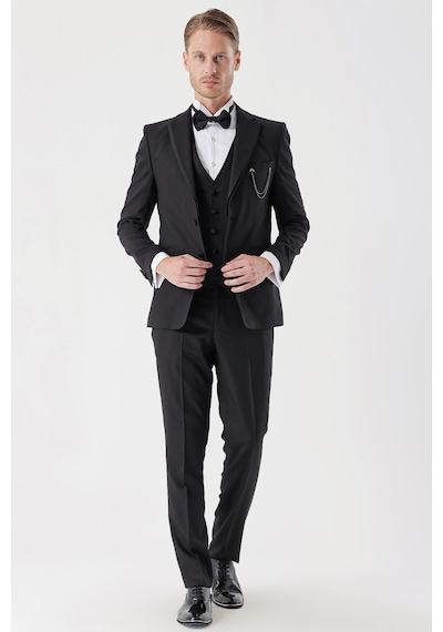 İmza Siyah Desenli Armürlü Çıkarılabilir Mono Yaka Yelekli 6 Drop Slim Fit Smokin Damatlık Takım 1001230202-Siyah İmza Siyah Desenli Armürlü Çıkarılabilir Mono Yaka Yelekli 6 Drop Slim Fit Smokin Damatlık Takım 1001230202-Siyah