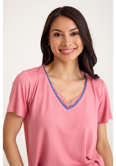 Amarelle Dream Pembe Viskon V Yaka Dantel Detaylı Pijama Takımı Pembe