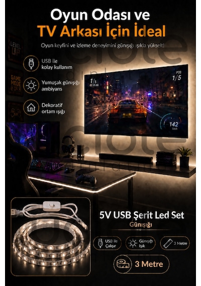 3 Metre 5v Usb Günışığı Şerit Led Anahtarlı Mutfak Tezgah Altı Tv Masa Kamp Led Işık