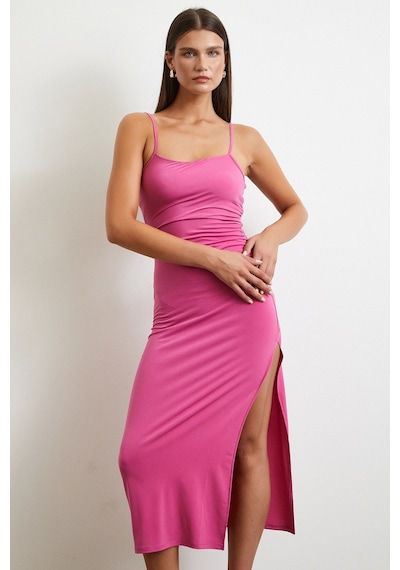 Never More Yanı Büzgülü Askılı Elbise Yırtmaçlı Pembe Pembe