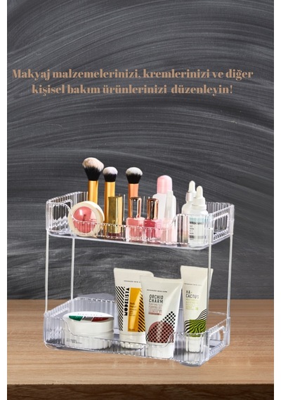 2 Katlı Makyaj Organizer, Takı Kozmetik Mutfak Çok Amaçlı Düzenleyici Plastik Beyaz Diğer