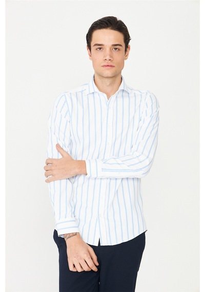 Mavi Çizgili Uzun Kollu Gömlek Slim Fit Beyaz-mavi