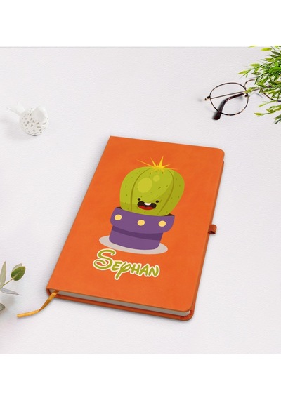 Kişiye Özel Kaktüs Tasarımlı Turuncu Termo Deri Defter Model 10