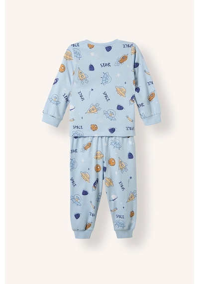 Defacto Baskılı Uzun Kollu Üst Elastik Bel Alt 2li Pijama Takımı Erkek Bebek H6540a526aube343 Mavi-be343