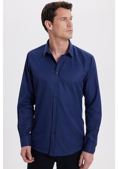 Tudors Modern Slim Fit Uzun Kollu Pamuklu Kolay Ütü Armürlü Lacivert Erkek Gömlek-41844 Lacivert