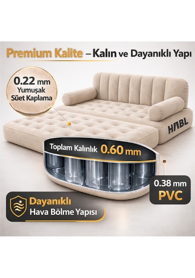 Çift Kişilik 2 Si 1 Arada Kendi Kendine Şişen Şarjlı Şişme Koltuk Ve Yatak 190x150x65cm Bej