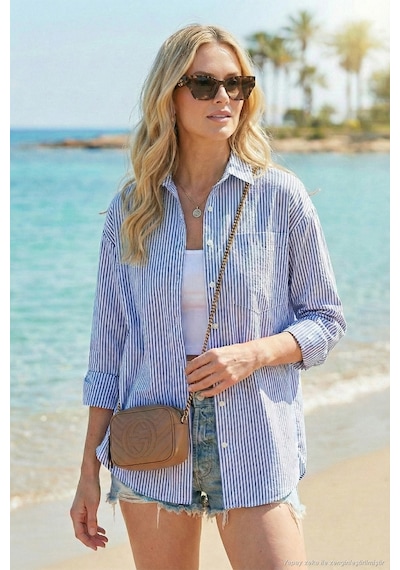 Lela Regular Fit Uzun Kollu Cepli Çizgili Bayan Gömlek 6772895 Indigo
