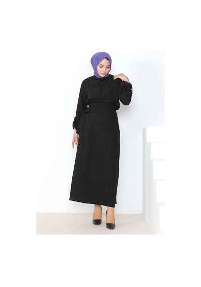 Bestenur Gömlek Etek Keten İkili Takım 1036 - Siyah