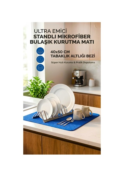 Ultra Emici Standlı Mikrofiber Bulaşık Kurutma Matı 40x50cm Tabaklık Altlığı Karışık Çok Renkli