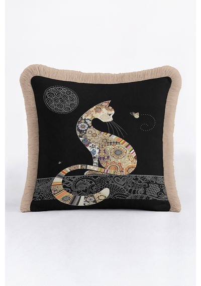 Barok Patchwork Kedi Saçaklı Yastık Kılıfı - Siyah Zarif Bohem Altın Renkli Püsküllü Kırlent Kılıfı Yosunlu Koyu Bej Barok Patchwork Kedi Saçaklı Yastık Kılıfı - Siyah Zarif Bohem Altın Renkli Püsküllü Kırlent Kılıfı Yosunlu Koyu Bej