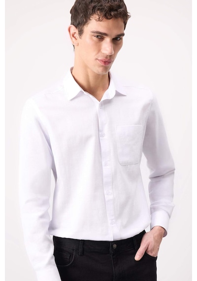 DeFacto Modern Fit Polo Yaka Basic Düz Uzun Kollu Beyaz Gömlek E5045AX25SMWT34