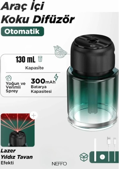 Şarjlı Araç İçi Parfüm Difüzörü Kokulu Hava Nemlendirici 130 Ml Humudifier Yıldız Tavan Lazer
