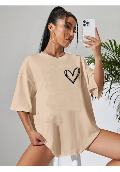 Minimal Kalp T-shirt - Açık Kahve Baskılı Oversize Bisiklet Yaka Kısa Kol Tişört Açık Kahverengi