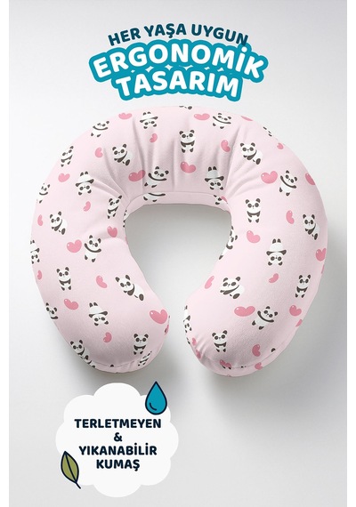 Panda Figürlü Pamuklu Boyun Yastığı - Sevimli Pembe Kalpli Yumuşak Seyahat Yastığı Tozlu Yosunlu Bordo