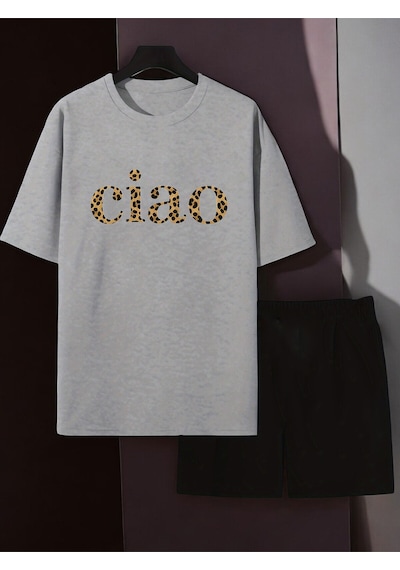 Uyguntarz Unisex Ciao Baskılı Tasarım Şort Takım Gri
