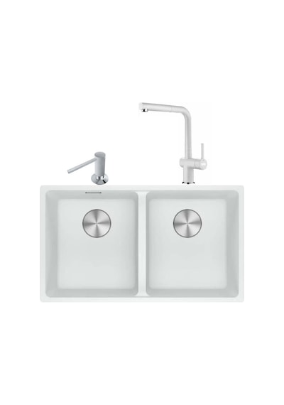 Franke Maris MRG 120-35-35 Bianco Granit Eviye + Active Plus Doccia 2.0 Armatür + Comfort Sıvı Sabunluk Üçlü Set