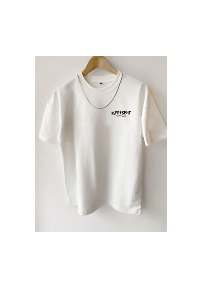 Flood Of Style Erkek Beyaz Represent Baskılı Bisiklet Yaka Oversize Tshirt